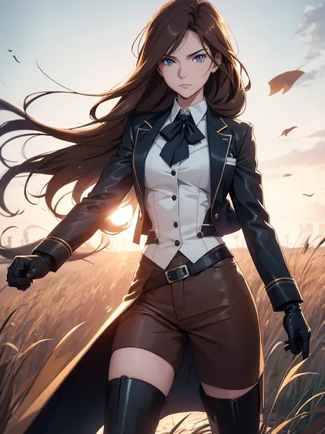 (8K, ultra detailed, stylized, realistic:1.3), 1 elegant anime woman, long hair, smooth and light brown, with a serene and confident expression, Blue eyes. He is wearing a dark blue two-piece formal suit., with black leather gloves, white shirt with bow, a...