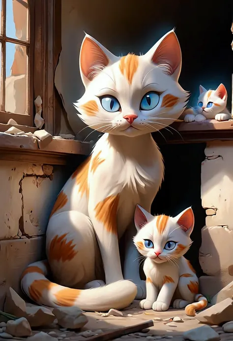 A mother cat lying in a decaying, abandoned house with three tiny, newborn kittens curled up beside her. The kittens are nestled against her soft fur, and the mother cat looks at them lovingly. The room is broken but peaceful, with cracks in the walls and ...