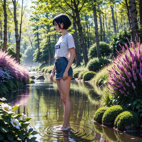 1 girl, Short hair, Blue Hair, Look at the audience, Purple eyes, Side view, Fat legs, Wear a thin blue T-shirt., Short denim skirt, Standing in the stream, Field of flowers, dark forest, mountain