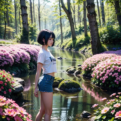 1 girl, Short hair, Blue Hair, Look at the audience, Purple eyes, Side view, Fat legs, Wear a thin blue T-shirt., Short denim skirt, Standing in the stream, Field of flowers, dark forest, mountain