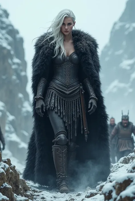 a tall girl , wearing a black fur armor and fighting in Skandinavien in the age of Valhalla , human white skin, white hair  , big butt , she has covered her body completely except for her head and neck and belly ,