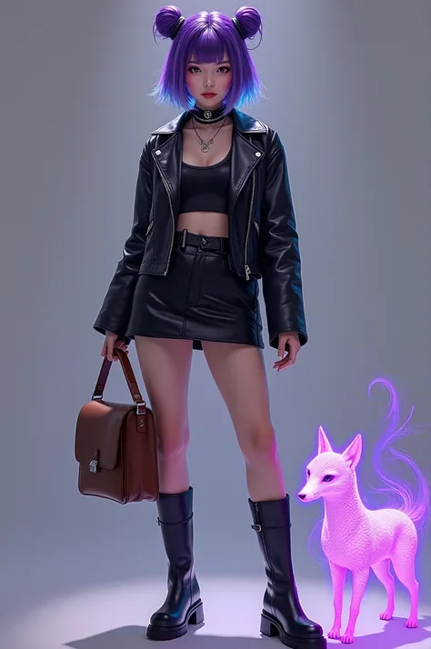 Woman of Asian descent, with short hair in purple and light blue colors in 2 buns . Ela usa um cropped preto, uma jaqueta de couro preta, a black mini skirt and knee-high heeled boots and a brown messenger bag. She has a pet fox the little fox, the fox is ...