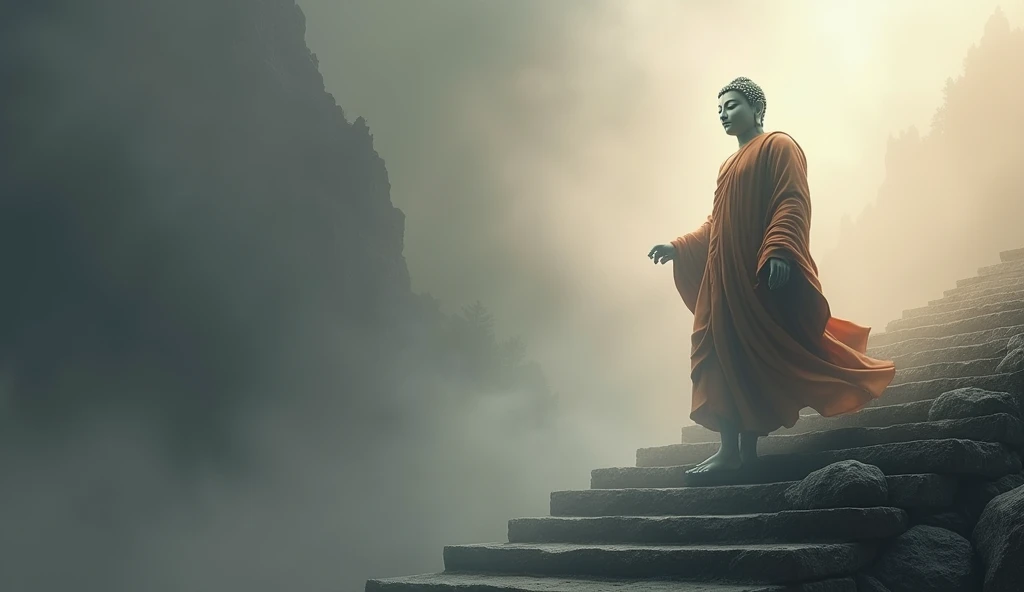 realist Create a realistic portrait of a serene Buddha, positioned on the right side of the frame, looking directly ahead with a calm and peaceful expression. The Buddha is dressed in traditional robes, walking up a set of stairs with one foot raised, as i...