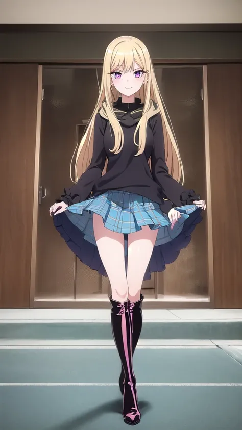 1 girl, solo, an extremely beautiful frame, great view, detailing, HD frame, (( ultra quality )) , A beautiful girl, patent leather boots, 
blonde hair, shiny figure, Pink eyes, manicure, full length, plaid skirt, I am hooded, bracelets, black thigh-high b...