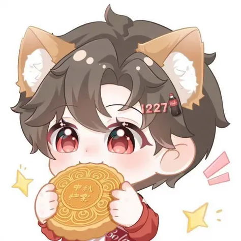 Q version exquisite and cute comic style，Masterpiece，masterpiece，Extremely fine and intricate details，A boy with short dark brown hair and red eyes，There is a pair of light coffee cat ears，Wearing red casual clothes，Cola color，A warm interaction with a chu...