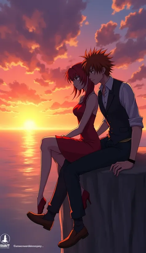 "Asuka Langley Soryu from Neon Genesis Evangelion and Spike Spiegel from Cowboy Bebop playfully lean against each other on a scenic cliffside, gazing into a breathtaking sunset. The sky is painted with vibrant hues of orange, pink, and purple, casting a wa...