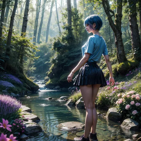 1 girl, Short hair, Blue Hair, Look at the audience, Purple eyes, Side view, Beautiful legs, Wear a thin blue T-shirt., skirt, Standing in the stream, Field of flowers, dark forest, mountain