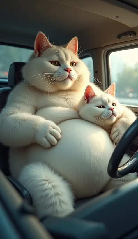 White heavy cat take his pregnent heavy wife cat and going to hospital on his car