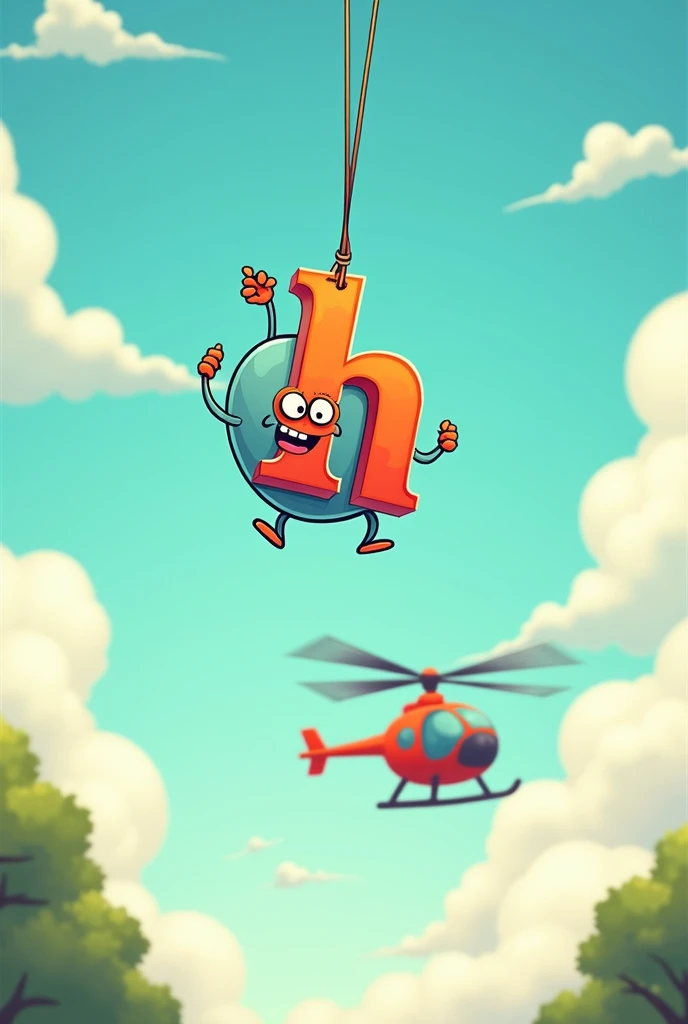 A light-hearted and whimsical cartoon scene featuring the letter H, hanging by a single thread high up in the sky. The thread is taut and appears to be straining under the weight of the letter. In the background, a helicopter is flying by, with its rotors ...