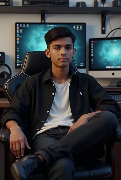 Ek 17 sal ka ladka Jo chair mein baitha ho in black colour shirt end uske andar white t shirt black color jeans. Or piche ek gaming set up. Ladka Indian hona chaiye or uska much dari nahi hona chahiye. Nahi chaiye much dari

