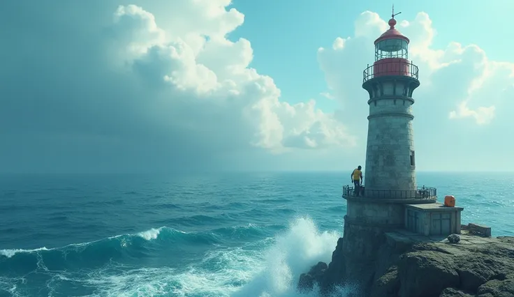 Make a man doing work on the top of a light house in the middle of the sea, huge waves, sky blue ocean. 