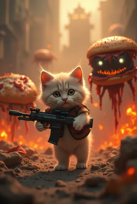 a little kitty fighting with guns with a malefic pizza and malefic burger for esaping from hell