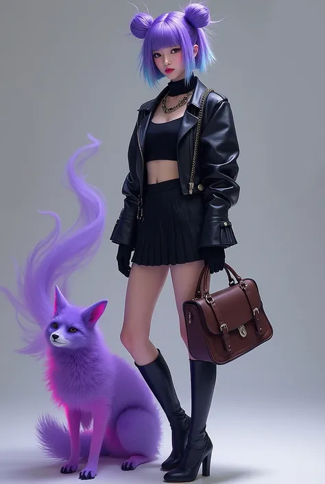 Woman of Asian descent, with short hair in purple and light blue colors in 2 buns . Ela usa um cropped preto, uma jaqueta de couro preta, a black mini skirt and knee-high heeled boots and a brown messenger bag. She has a pet fox the little fox, the fox is ...