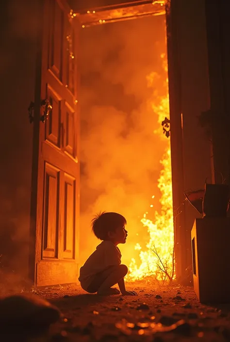 A HOUSE ON FIRE AND A CHILD PRAYING TO Diwu in his burning room 