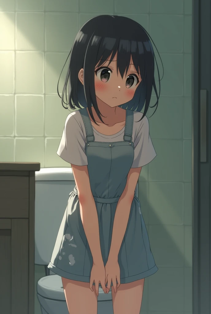 anime, young woman, jumper skirt,  urine, urinate, in clothes, pissing