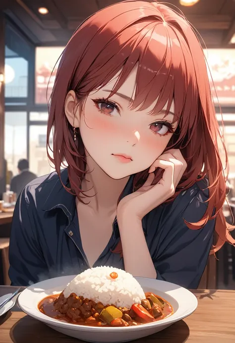 (masterpiece:1.5),(Beat quality),(high res),1girl solo,beautiful face,upper body,A woman in plain clothes with red cheeks,Half-eaten curry rice,restaurant