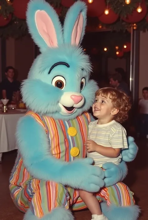 Man in a rabbit costume a blue rabbit wearing colorful pants with vertical stripes colorful suspenders with vertical stripes yellow buttons a party entertainer a photograph taken in the 80s the rabbit with the child on his lap