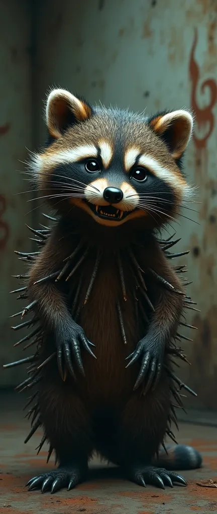 A chilling photograph of a dark fantasy cute extra fluffy baby realistic raccoon, composed entirely of rusty, twisted nails, standing in a dimly lit, abandoned room. The raccoon has a wicked, carnivorous grin, and its eyes seem to emit a faint, eerie glow....