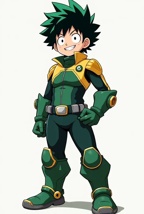 Izuku Midoriya a Hair character: His hair is dark green and disheveled., with spiky tips and a characteristic style reminiscent of the protagonist Izuku Midoriya.

face: He has a young and smiling face, with big expressive eyes. Thin eyebrows and a smile i...