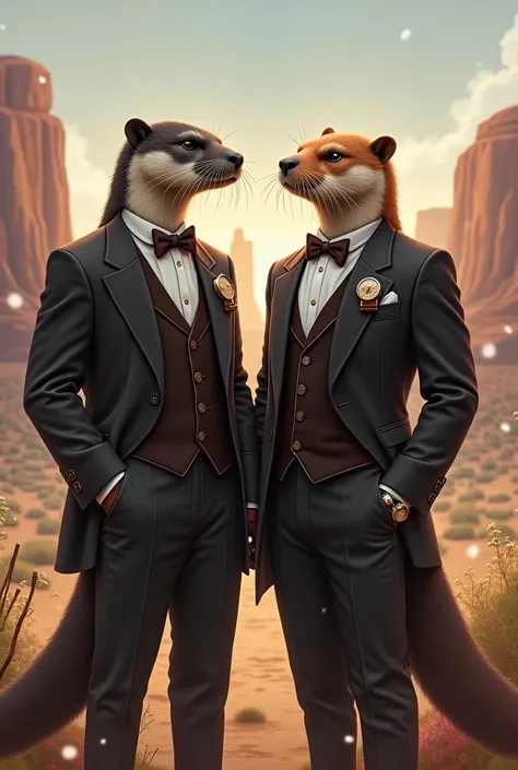 I would like two male otters of different colors dressed formally..I would like it to be in a mature style, with the art in a fantasy and RPG style set in the Old West.