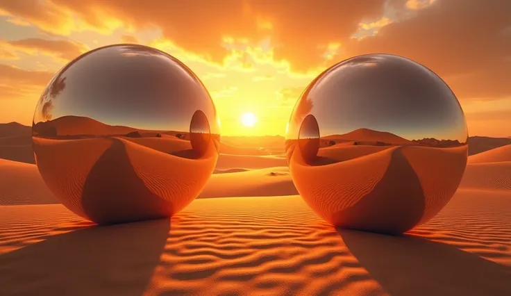 Photorealistic, desert at sunset, There are two mirrors looking at each other. hdr 