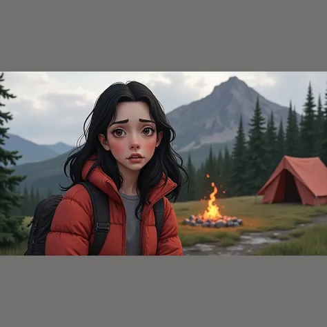 Fika is a young woman with long, wavy  black hair and fair skin. She has well-defined eyebrows, large brown eyes, and a neutral expression on her face. She is wearing a plain red  winter jacket, with grey t-shirt inside, with black large hiking bacpack, an...