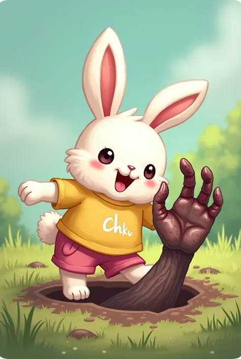 Chiku the cute rabbit, wearing pink shorts and a yellow shirt.A rotten hand emerges from the ground, grabbing Chiku’s leg.