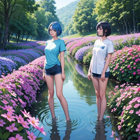 1 girl, Short hair, Blue Hair, Look at the audience, Purple eyes, Beautiful legs, Wear a thin blue T-shirt., shorts, Standing in the stream, Field of flowers, dark forest, mountain