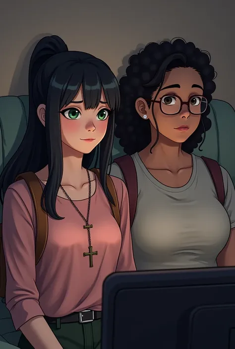 Couple of women watching series, a woman has green eyes, long black hair, straight, slightly wavy, wears a crucifix chain and a backpack on her back, a pink blouse, the other woman is fat and wears glasses, black curly hair in a ponytail, a men&#39;s shirt