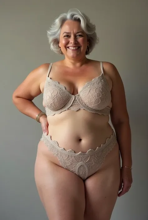 photo realistic of an old beauty plus size woman, 60years old, sexy and hot, silver hair , very chubby, big boobs, very big hips, fashion model, nice face, bold makeup, warm smile,  with prominent laugh lines around her eyes and mouth, showing the beauty o...