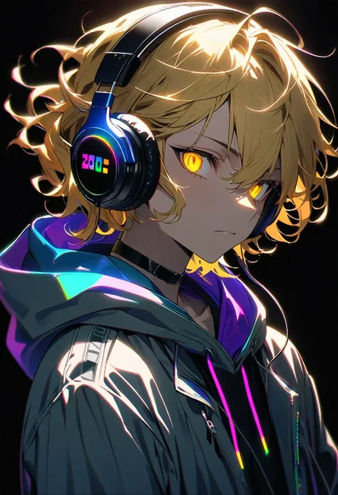 Alone、Yellow Hair、Wavy Hairstyles、Semi-long、Yellow Eyes、Cat Eyes、Sharp Eye、Very detailed,male、1 person, 20th Generation、Alone, hoodie, headphone, RGB lighting 