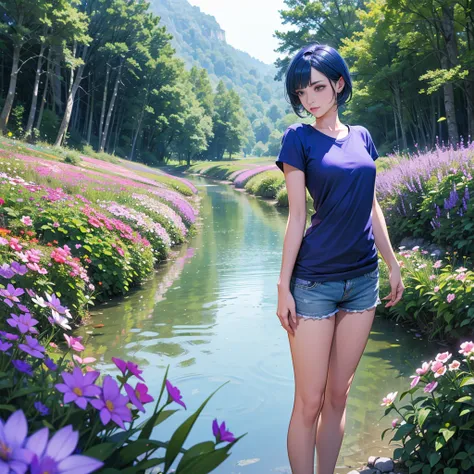 1 girl, Short hair, Blue Hair, Look at the audience, Purple eyes, Beautiful legs, Wear a thin blue T-shirt., shorts, Standing in the stream, Field of flowers, dark forest, mountain