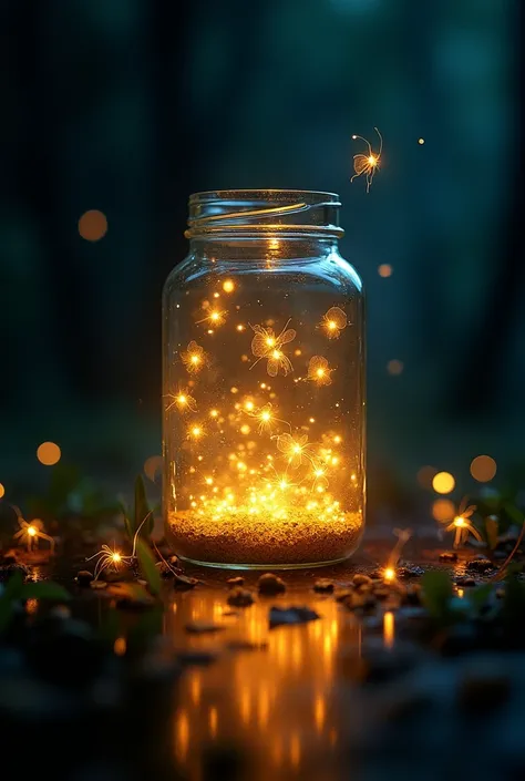 (photorealism:1.2) fireflies in a jar in dark