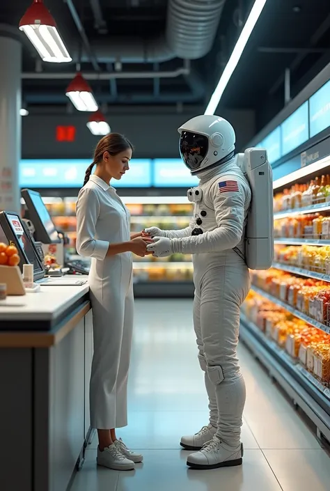 Astronaut paying cashier in grocery store 2024