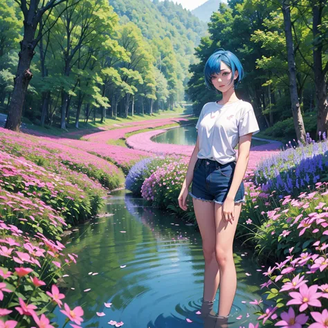 1 girl, Short hair, Blue Hair, Look at the audience, Purple eyes, Beautiful legs, Wear a thin blue T-shirt., shorts, Standing in the stream, Field of flowers, dark forest, mountain