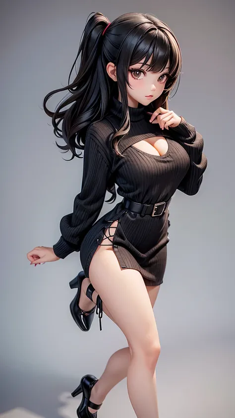 1_girl, av idol. 25-years-old korean girl. slender and medium breast. brown eyes. short black hair and bangs in the front. Wearing Plaid Mock Neck Keyhole Sweater Dress - Black, cleavage cutout, v-neck , open toe high heel shoes, 3D Render Style, standing ...