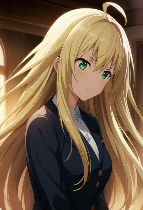 1girl, long hair, blonde hair, hair ahoge, green eyes, school uniform, arrogant expression, CG