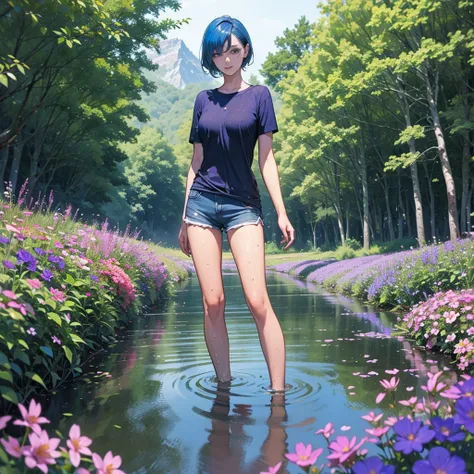 1 girl, Short hair, Blue Hair, Look at the audience, Purple eyes, Beautiful legs, Wearing a wet blue t-shirt, Wet shorts, Standing in the stream, Field of flowers, dark forest, mountain