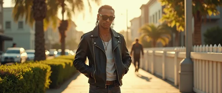 A young, mixed-ethnicity man with warm, golden-brown skin and a strong jawline, sporting a pull-through braid hairstyle, stands upright with hands on hips, gazing forward with an air of confidence, his eyes hidden behind sleek, black sunglasses, as he wear...