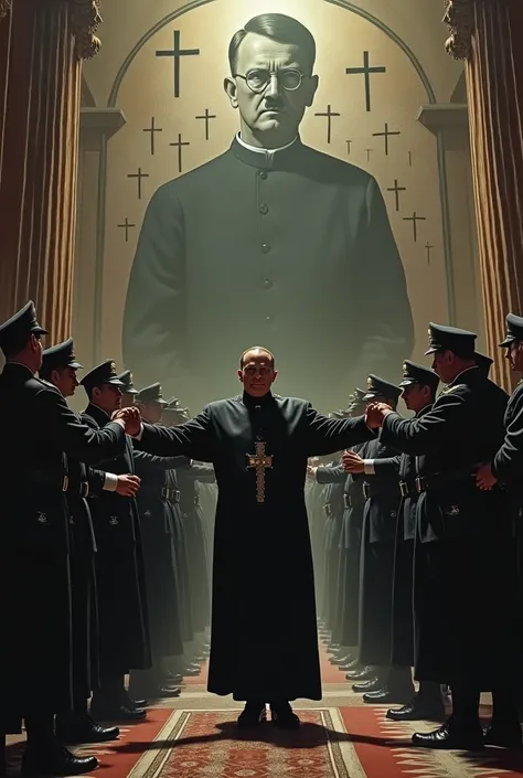 A priest being escorted out of the Vatican by SS Officers as a giant image of Hitler surrounded by Christian crosses is displayed on the wall