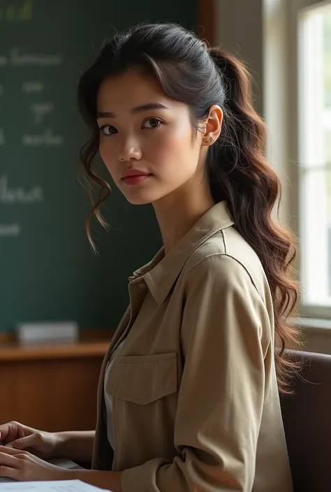 A young professor woman with fine long, curly hair that reaches the back, hair tied into a ponytail to the back, full body image, not necessarily facing the front