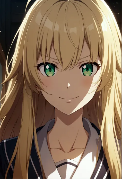 1girl, long hair, blonde hair, hair ahoge, green eyes, school uniform, arrogant smile, CG