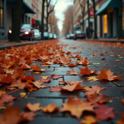 View of dry autumn leaves fallen on street pavement