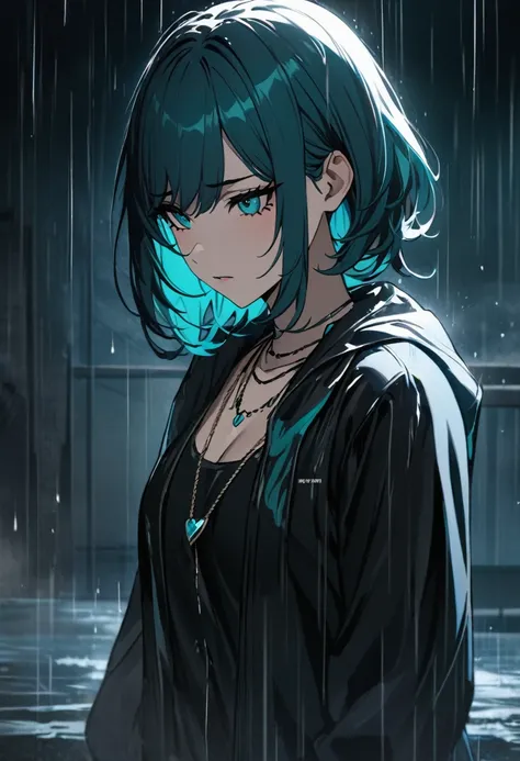 Shojo-Anime-Porträt,(extremely detailed, Masterpiece:1.2),draw me an anime woman with long, turquoise colored hair. she should wear black clothes and stand in the rain. she should look sad. she should wear eyeliner and a necklace around her neck. make the ...