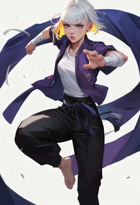 score_9, score_8_up, score_7_up, score_6_up, 1girl, bandage wrapped arms, white hair, blunt bangs, straight hair, blue eyes, purple jacket, white shirt, black pants, bare feet, yellow highlights, punch, high angle shot, 4K resolution, perfect lighting, per...