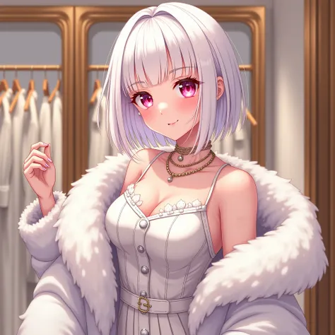 Make an anime style woman with white channel hair, square demarked bangs, pink mature eyes, confident and expression, serene smile, shiny lips, fluffy white coat and white cotton adornments in her beautiful soft clothes, dressing room background, model pos...