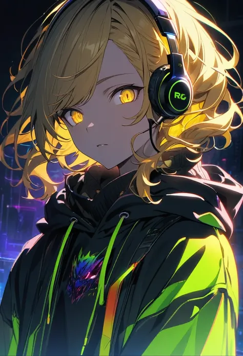 front、Alone、Yellow Hair、Wavy Hairstyles、Semi-long、Yellow Eyes、Cat Eyes、Sharp Eye、Very detailed,male、1 person, 20th Generation、Alone, hoodie, headphone, RGB lighting、Attractive face