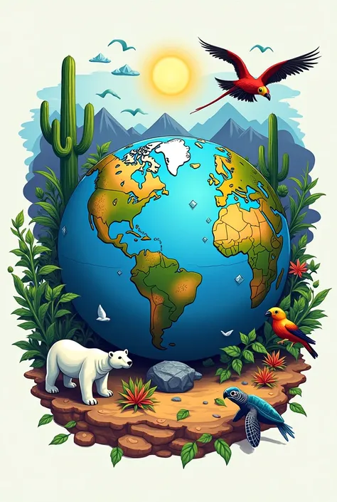 T-shirt design with a world and ocean animals, Arctic, desert and rainforest, environment and recycling 
