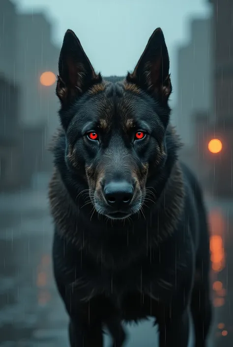 Pincher dog with red angry eyes realistic style rain scene 