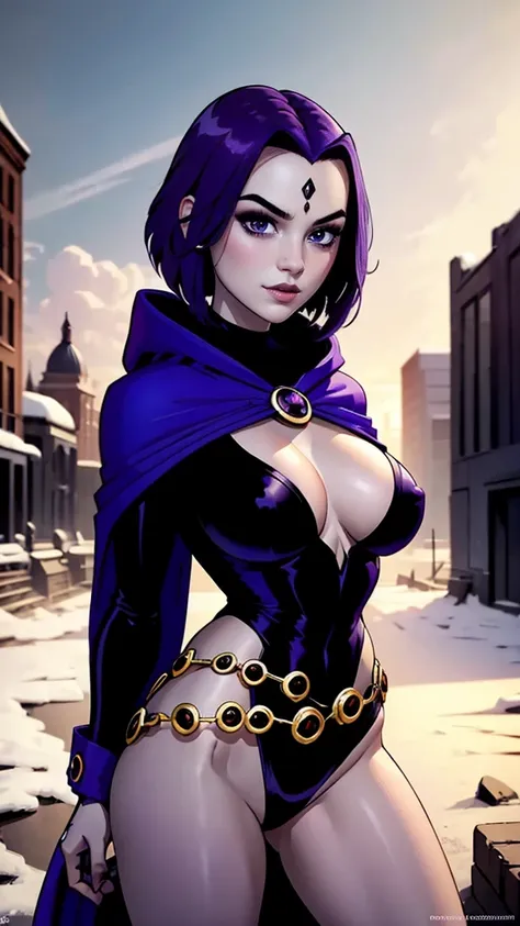 Raven da DC,(best qualityer,4K,8k,high resolution,work of art:1.2)(weather: windy), abandoned city background, city ruins, short curly hair, purple hair, long white hooded cloak, white long sleeve leotard, white thigh high boots, rings, loop earrings, conc...